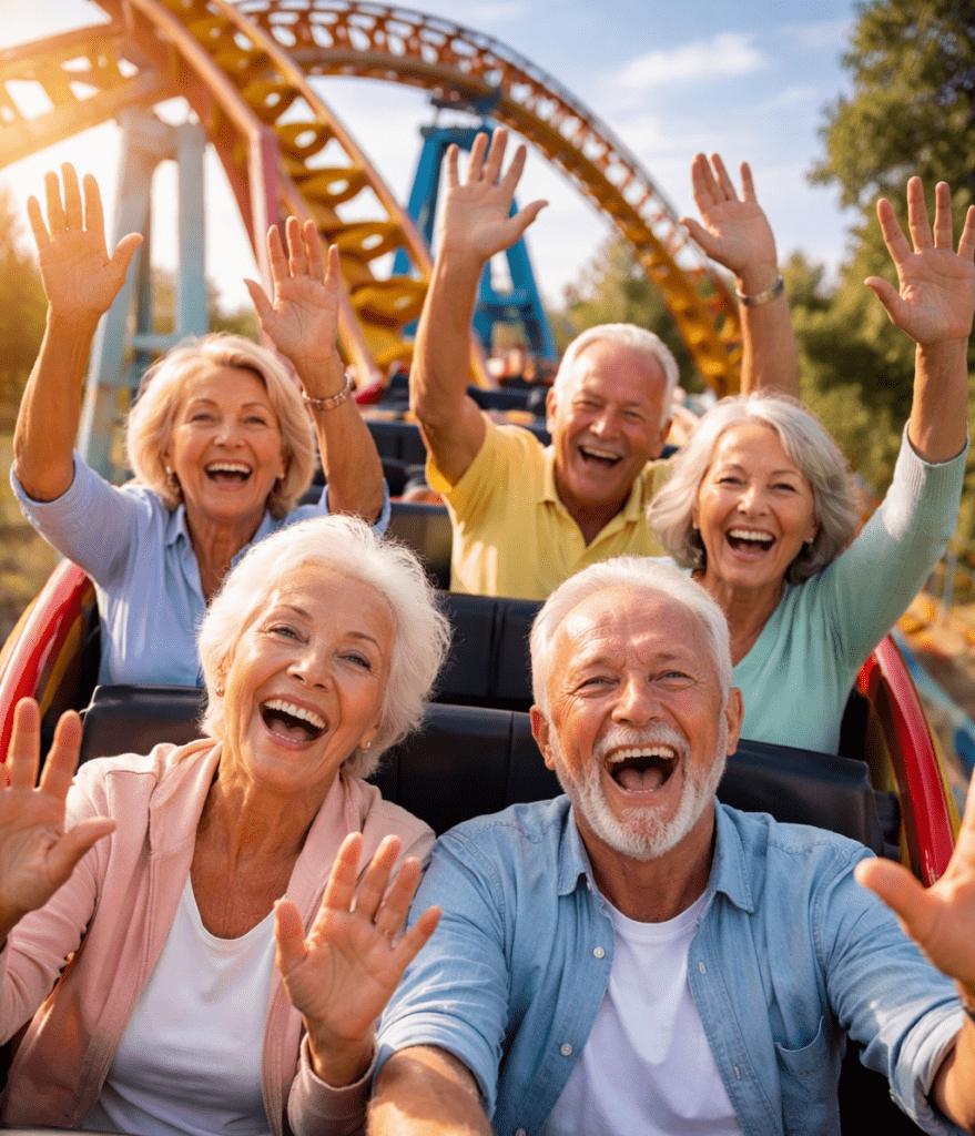 Ältere Menschen lachen in einer Achterbahn – Lebensfreude und gesundes Altern im Alltag